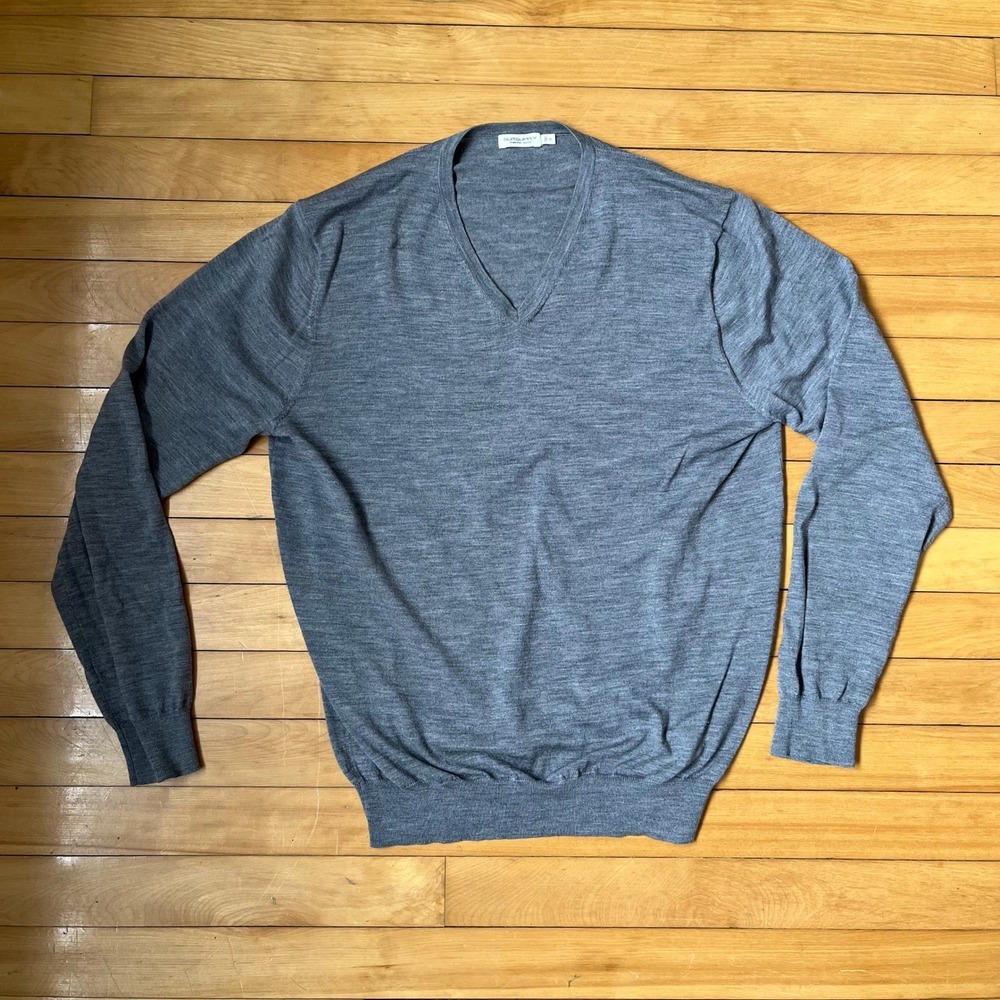 Suitsupply Mens Grey Merino Wool V-Neck Sweater Size XL Fine Knit Layering